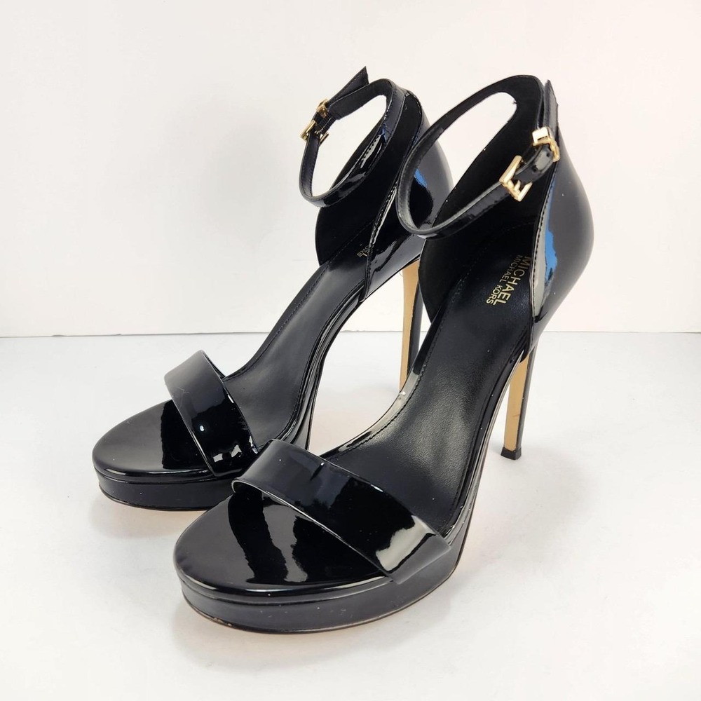 Michael Kors Women's Black Patent Leather Ankle Strap Platform Heels Size 9M